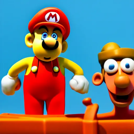 Image similar to Photo of ((((Mario)))) in a still from a Wallace and Gromit stopmotion animation, plasticine models, British stopmotion, high quality, a bit desaturated colors, art by Aardman Animations, 4k