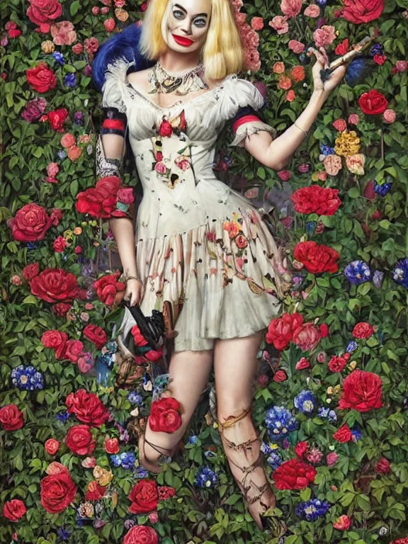 Prompt: a 60mm portrait of margot robbie harley quinn between embellished pattern and huge flower bushes,by Ekaterina Belinskaya,tom bagshaw,Cedric Peyravernay,Bella Kotak,marie spartali Stillman,Marianne North,William Morris,GUCCI,trending on pinterest,dark fantasy,maximalist,glittering,feminine