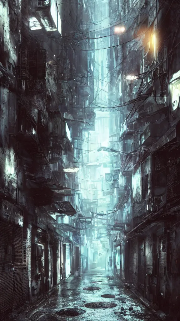 Prompt: an eerie scene of an empty alleyway in a futuristic alien city at night, light rain, small puddles, high quality ray-traced reflections, volumetric lighting, unreal engine 5, liminal space, haunting chilling atmosphere, photorealistic, cyberpunk, hyperdetailed 3d matte painting, hyperrealism, hyperrealistic, cinematic masterpiece, horror style 8k ultrahd octane render