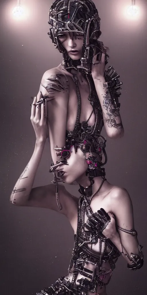 Image similar to hyperrealistic futuristic high fashion photography, girl in studio, full body, cybernetic parts by luis royo, asian, vogue magazine, nomad masterpiece, nano parts, neon lights, smoke, eerie music, beautiful intricate face and flawless skin, tribal jewelry, tattoos, perfect hands, head piece, by Edgar Maxence and Ross Tran and Michael Whelan, 8k, octane render