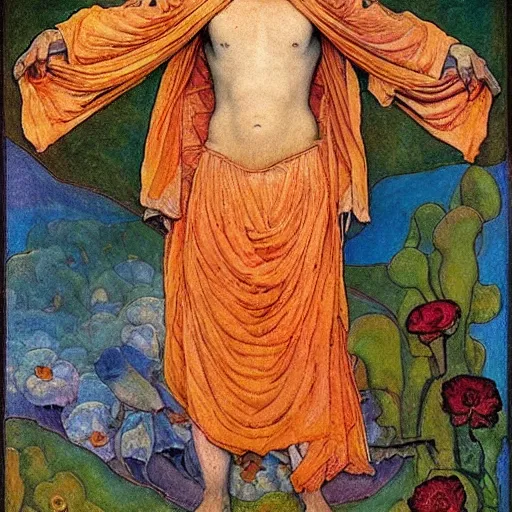 Image similar to the flower prince, by Annie Swynnerton and Nicholas Roerich , embroidered robes, floral tattoos, bioluminescent, elaborate costume, geometric ornament, symbolist, soft colors, dramatic lighting, smooth, sharp focus, extremely detailed