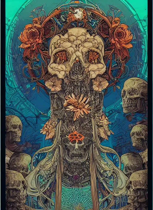 Image similar to The oracle of ancient wisdom surrounded by floral skulls, italian futurism, da vinci, Dan Mumford, Josan Gonzalez