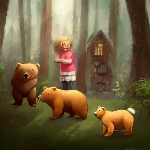 Prompt: a blond child and three bears outside the bears house in the forest, artstation, concept art, smooth, sharp focus, illustration,