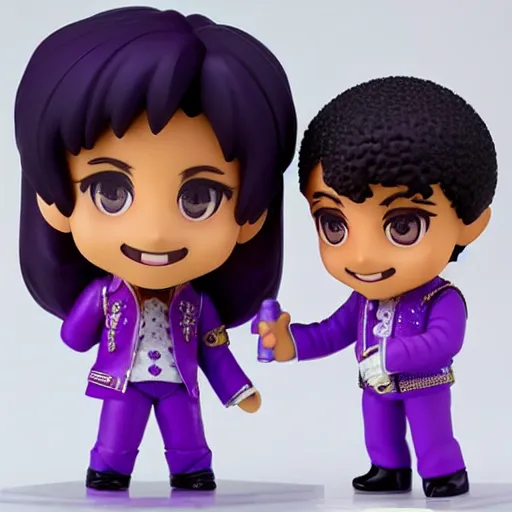 Prompt: prince rogers nelson as nendoroid in a big purple rain, kodak film