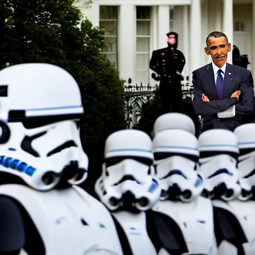 Prompt: Obama infront of an leading Army of Stormtrooper attacking the White house, Obama has a red lightsaber in his right hand, high field of view, focus is on Obama and the Stormtrooper behind him, 40nm lens, shallow depth of field, split lighting, 4k,
