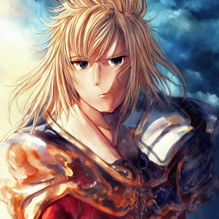 Image similar to portrait of the blond knight of flames, anime fantasy illustration by tomoyuki yamasaki, kyoto studio, madhouse, ufotable, trending on artstation