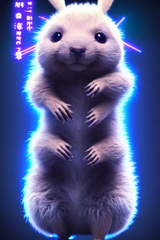 Prompt: high quality 3 d render sci - fi very cute fluffy! wombat!! mecha!! dancing, highly detailed, unreal engine cinematic smooth, in the style of detective pikachu & blade runner, hannah yata charlie immer, dark blue neon light, low angle, uhd 8 k, sharp focus