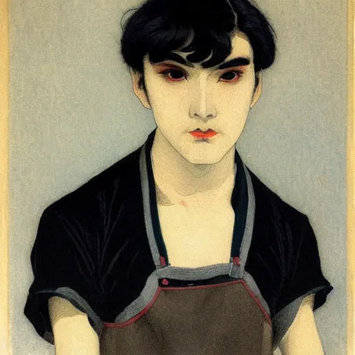 Prompt: full body painting of grumpy handsome thin beautiful man with thick eyebrows in his 2 0 s named min - jun in a french maid outfit, modern clothing, elegant, clear, painting, stylized, delicate facial features, stylized thin lines, soft but grumpy, highly detailed, art, art by egon alphonse yamamoto