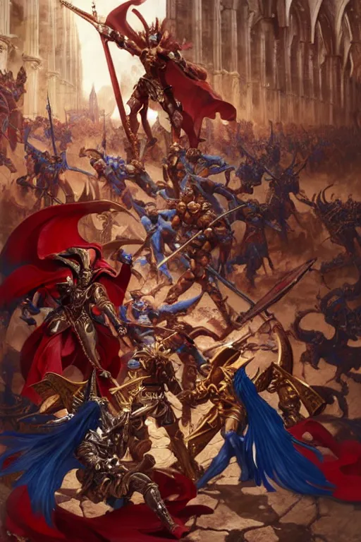 Image similar to epic warhammer battle between human warriors mages and demons, inside cathedrals and abbeys, fullbody!! dynamic action pose, religious, intricate, elegant, highly detailed, digital painting, artstation, concept art, smooth, sharp focus, red and blue color scheme, illustration, art by artgerm and greg rutkowski and alphonse mucha