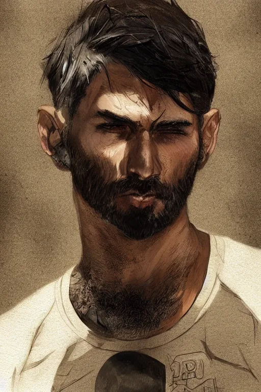 Image similar to very detailed portrait of a rugged man in his early thirties, strong jaw, deep black eyes, latino features, wearing a black!! t - shirt, earthy color scheme, by wlop and krenz cushart and artgerm, 9 0 s style, detailed eyes, starry background, trending, on artstation.