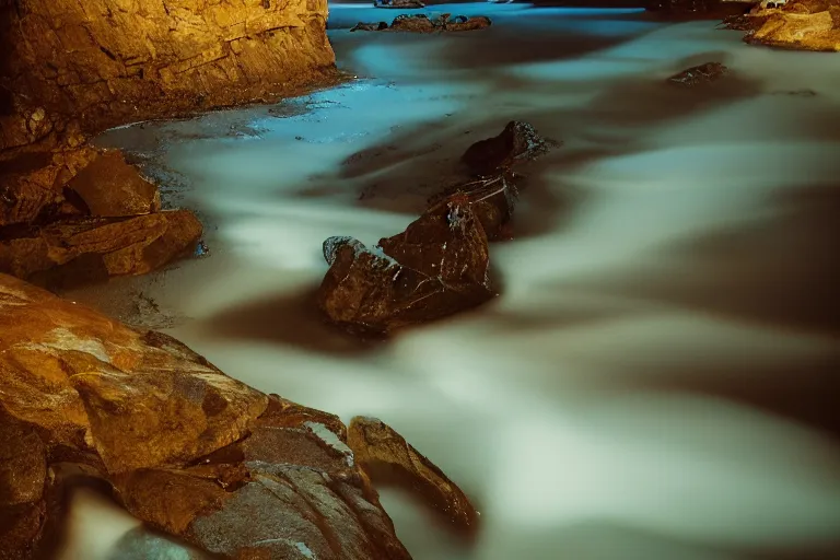 Image similar to long exposure night lansdscapes, 5 seconds shutter, Cinestill 800T