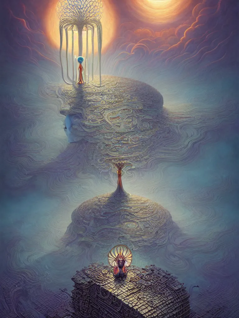 Image similar to the surreal goddess of dreams by carol bak, jacek yerka, gediminas pranckevicius, alex gray, dan mumford and h. r. giger, digital painting, octane rendered, crepuscular rays, neon cyberpunk colors, cinematic, trending on artstation