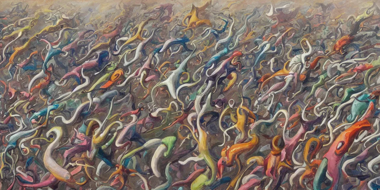 Image similar to flying cephalopods racing towards a crowd of excited humans, race theme future oil on canvas