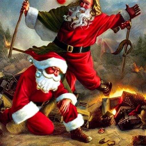 Prompt: Santa Claus vs. Jesus in an epic battle, super bloody battle, to the death