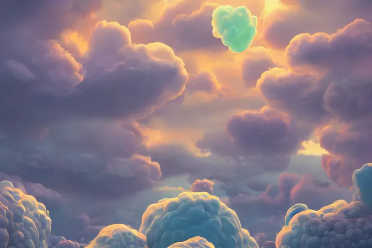 Prompt: super detailed color art, lots of clouds made of white foamy bubbles, unreal engine, wes anderson color palette, 3d render, colorful, digital art