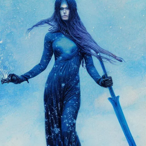 Prompt: a ghastly banshee holding a sword made of blue fire in one hand and a crystal chime in the other floating in the air in the middle of a swirling blizzard, digital painting by greg rutkowski and carlos schwabe