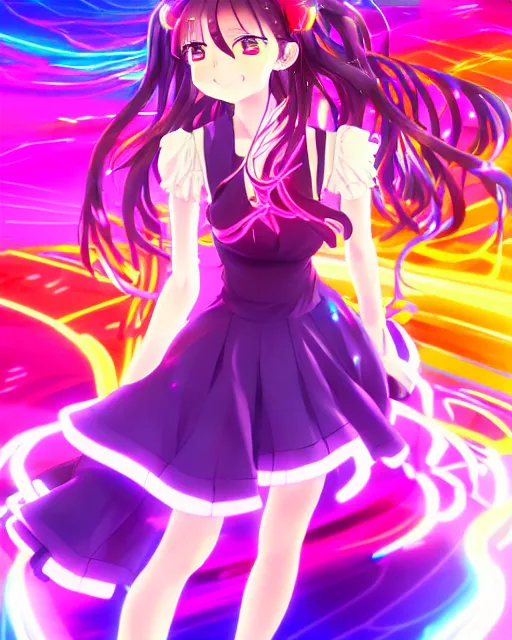 Image similar to anime style, vivid, expressive, full body, 4 k, painting, a cute magical girl idol with a long wavy colorful hair wearing a colorful dress, correct proportions, stunning, realistic light and shadow effects, neon lights, studio ghibly makoto shinkai yuji yamaguchi, wlop