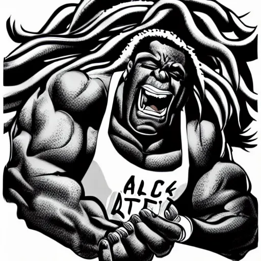 Image similar to black hulk with dreadlocks, cartoon drawing, meme