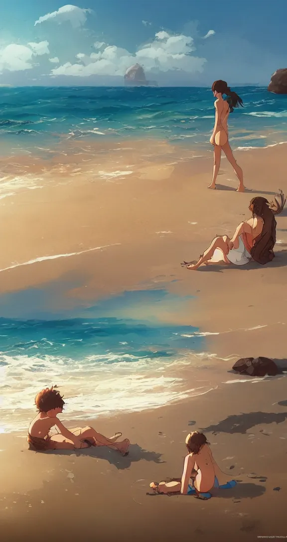 Image similar to Sunbathing at the beach, lots of ocean, uncluttered, tropical, bright, simple, by Studio Ghibli and Greg Rutkowski, artstation