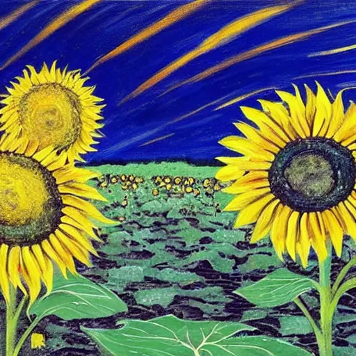 Image similar to The painting is of a night sky, with stars and a crescent moon. In the foreground are sunflowers. The brushstrokes are thick and visible, giving the painting a textured look. The colors are mostly dark, but there are also some yellows and blues.