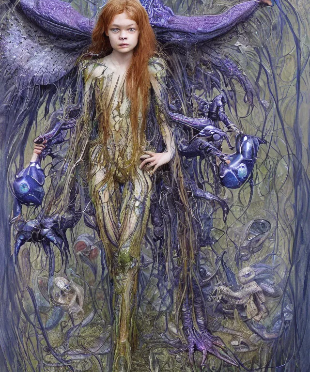 Prompt: a portrait photograph of a fierce sadie sink as an alien harpy queen with slimy amphibian skin. she is trying on blue bulbous slimy organic membrane parasitic fetish fashion and transforming into an insectoid amphibian. by donato giancola, walton ford, ernst haeckel, brian froud, hr giger. 8 k, cgsociety