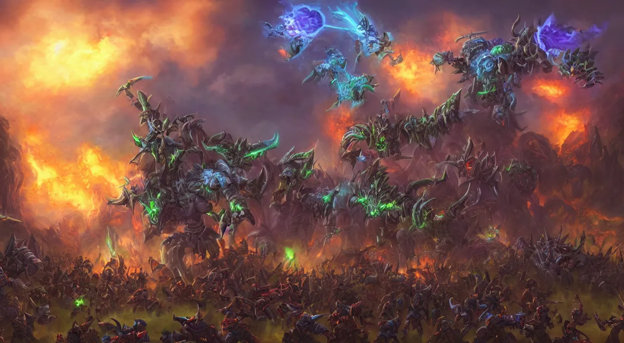 Image similar to epic cinematic battle World of Warcraft, extremely detailed, trending on Artstation, award-winning