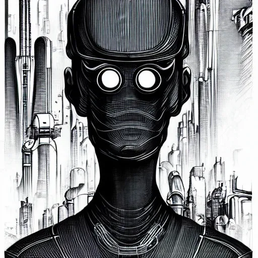 Image similar to portrait bender from futurama in futuristic city, by tsutomu nihei, by h. r. giger