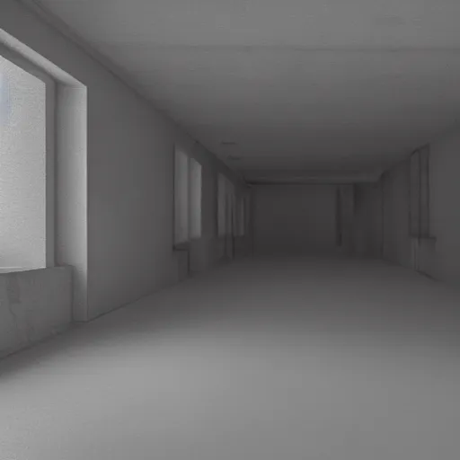 Image similar to gritty, cinematic, liminal space, 3d render, photorealism