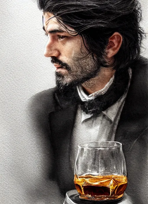 Image similar to portrait, a handsome small Frenchman with beard and long black hair toasting with whiskey, watercolor, dramatic lighting, cinematic, establishing shot, extremely high detail, foto realistic, cinematic lighting, digital art, by Yoshitaka Amano, Ruan Jia, Kentaro Miura, Artgerm, post processed, concept art, artstation, matte painting, style by eddie mendoza, raphael lacoste, alex ross