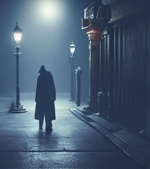 Prompt: a vampire lurks in the shadows of a Victorian city at night, illuminated by gas lamps, atmospheric lighting, hyper realistic, octane render, 8K