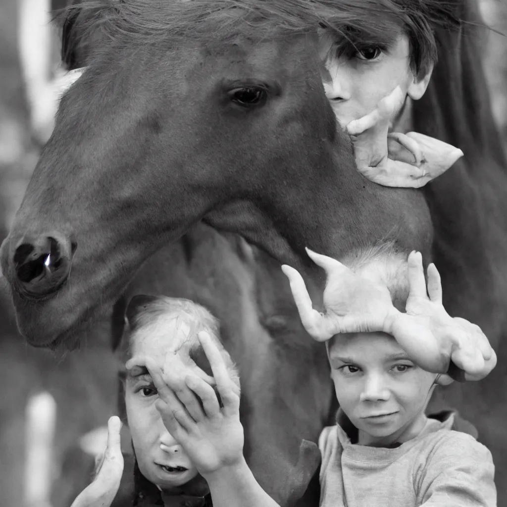 Image similar to a boy whose hands have been replaced by horse hooves and his eyes are literally the size of bowling balls