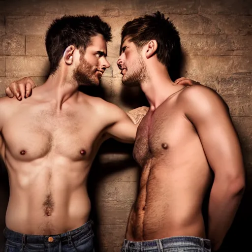 Image similar to attractive male and another attractive male, no shirts, shorts, drinking their hearts out, in the pub, high definition, very detailed, volumetric lighting, still frame
