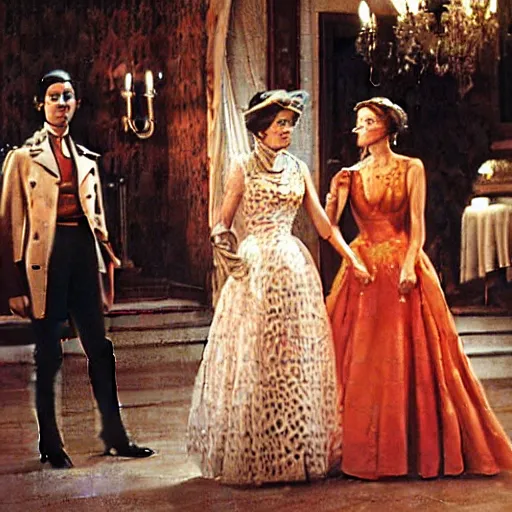 Image similar to ballroom scene from the leopard by luchino visconti with alain delon and claudia cardinale and an alien!!!! set in the 1 9 th century in an italian villa. technicolor!!!!, highly intricate, 5 0 mm