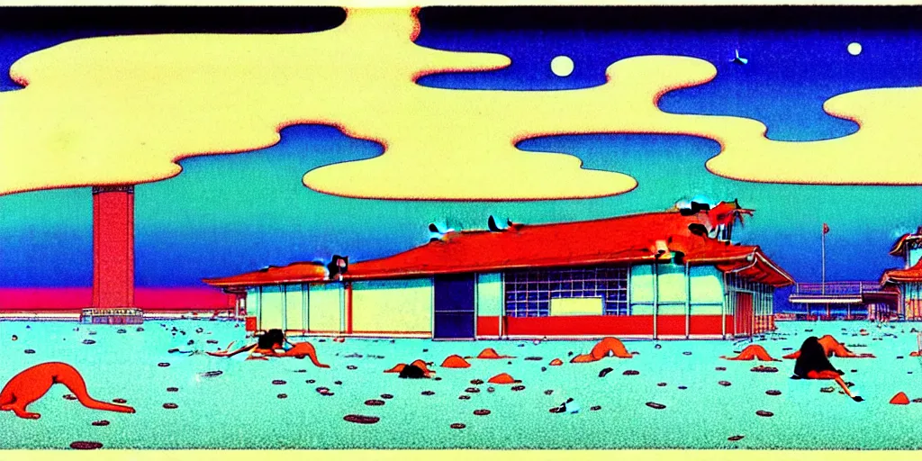 Prompt: risograph of electric cats that fly over ice, a lot of tv screens around, shrimps are all over the ground, acid and dreaming psychedelic hallucinations, by kawase hasui, moebius and edward hopper, colorful flat surreal design, hd, 8 k, artstation