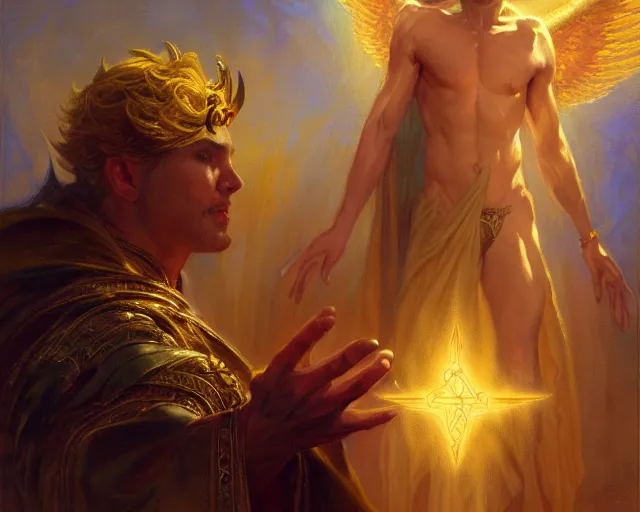 Image similar to attractive male deity, casting demonic magic, summoning handsome lucifer morning star. highly detailed painting by gaston bussiere, craig mullins, j. c. leyendecker 8 k