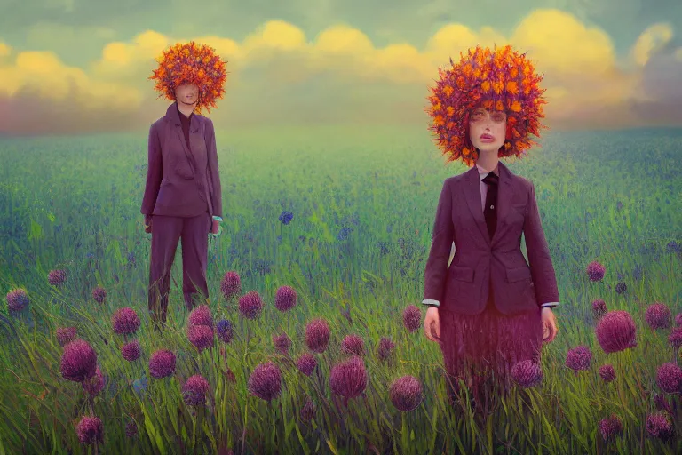 Prompt: gigantic thistle flower under head, a girl in a suit in field of flowers, surreal photography, sunrise, blue sky, dramatic light, impressionist painting, digital painting, artstation, simon stalenhag