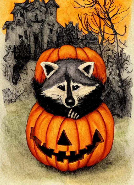 Image similar to halloween pumpkin in the shape of a raccoon by Rebecca Guay art, high quality, highly detailed,