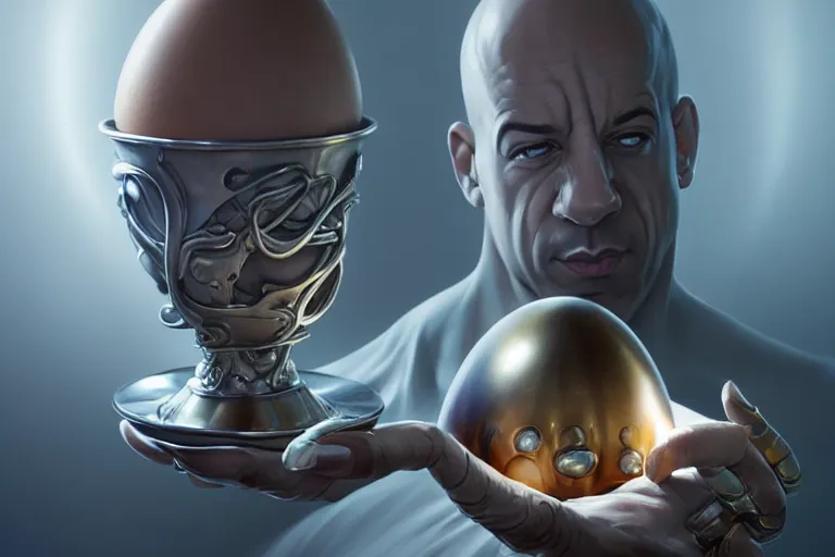 Prompt: silver egg cup, vin diesel head in egg cup, hyper detailed, digital art, artstation, cinematic lighting, studio quality, smooth render, by peter mohrbacher, hajime sorayama, boris vallejo, craig mullins, artgerm