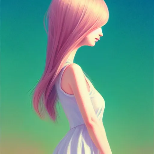 Image similar to happy adult female in sundress, summer dress, pastel light pink very long hair, muted colors, matte print, pastel colors, ornate, digital art, digital painting, fan art, elegant, artstation, head is centered, by Ilya Kuvshinov