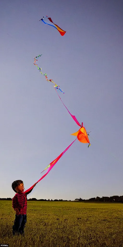 Prompt: the boy is standing in the field looking at a kite with a camera beam over his head that is pointing into the field at night, in the