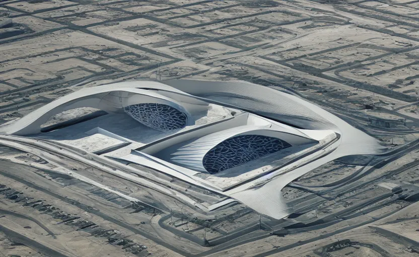 Image similar to parametric structure, medical complex, in the desert beside the gulf, view from above, design by bruce wayne, dezeen, architectural photography