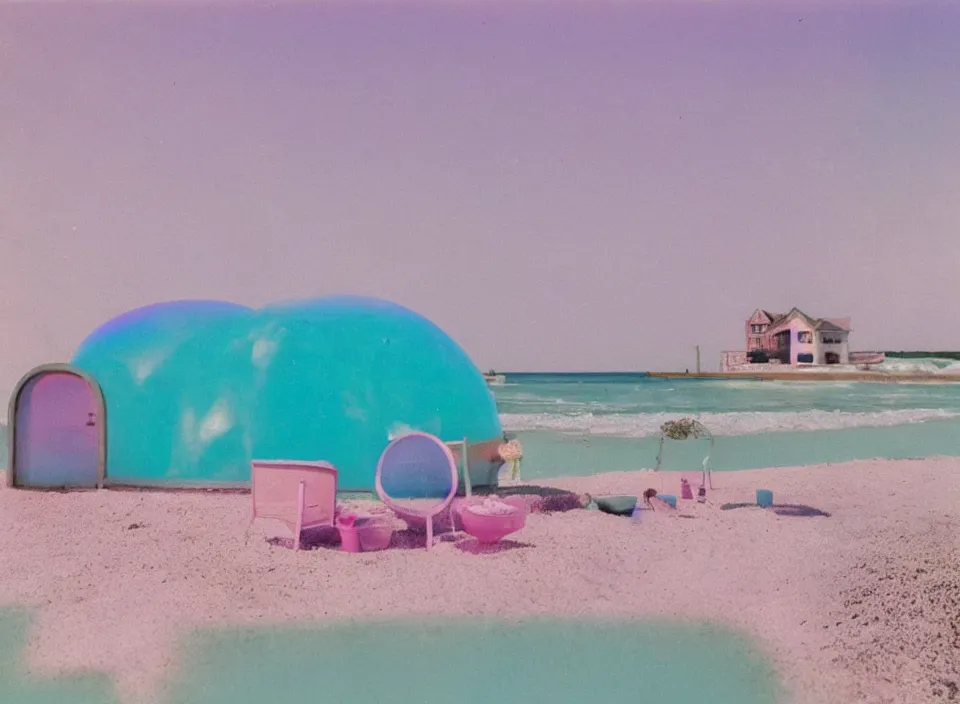 Image similar to a pastel coloured vintage family holiday photo of an empty beach from an alien dreamstate world with chalky pink iridescent!! sand, reflective lavender ocean water, dim bioluminescent plant life and an igloo shaped plastic transparent restaurant including clutter opposite a pit with an iridescent blue flame flickering. glare. refraction, volumetric light.