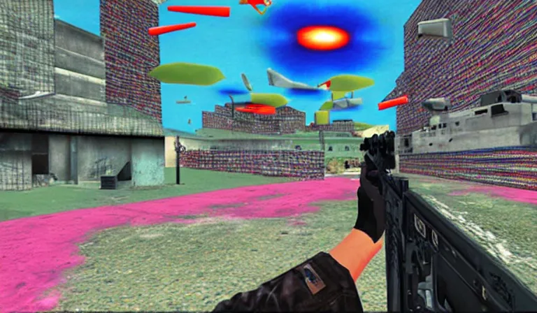 Image similar to A first-person shooter, PS2 game, 3DCG, designed by Tadanori Yokoo!!!!!
