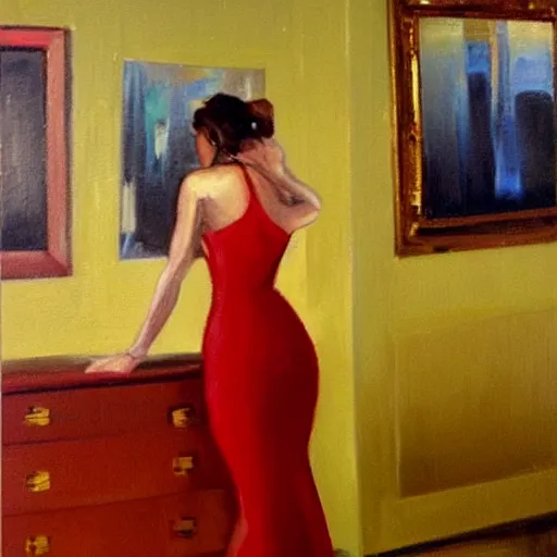 Prompt: an oil on canvas painting of a beautiful feminine woman from the 90's, red dress, leaning against the wall, 90's living room, figurative art, old computers, CRT screens, fine art, studio portrait, detailed, deviantart, cgsociety, chiaroscuro, acrylic art, by Elmer Bischoff, by Michael Garmash, by Edward Hopper