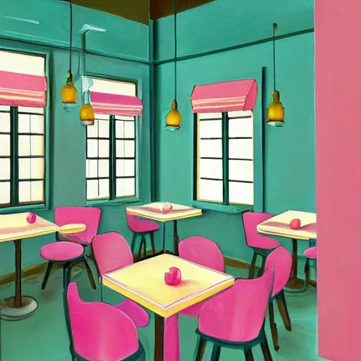 Prompt: a realistic painting of the interior of a cute vintage ice cream shop, the walls are light yellow, the booths are teal and the tables are pink