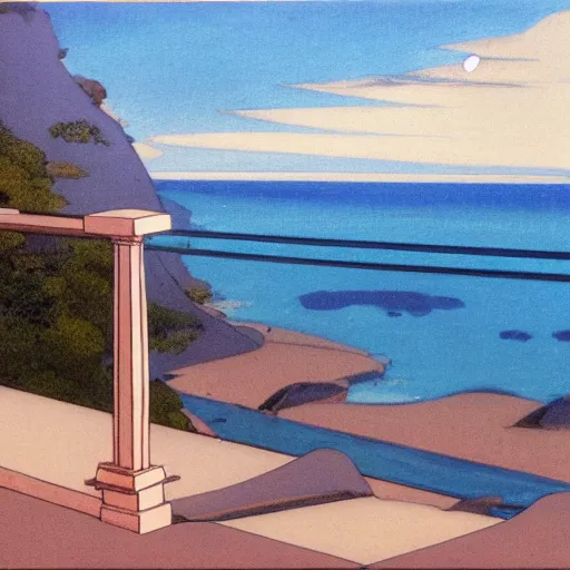 Prompt: Balustrade with a beach on the background, a colab between studio ghibli and paul delaroche