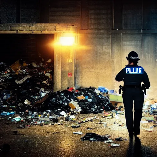 Prompt: crime movie scene of a female police officer walking up to a large pile of garbage, on the pile of garbage is the michelin man, the sun is setting. photorealistic, gritty, dramatic lighting.