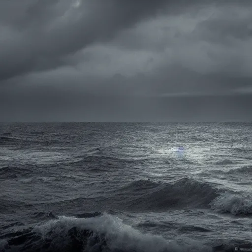 Image similar to dark and stormy night on the open sea, atmospheric,