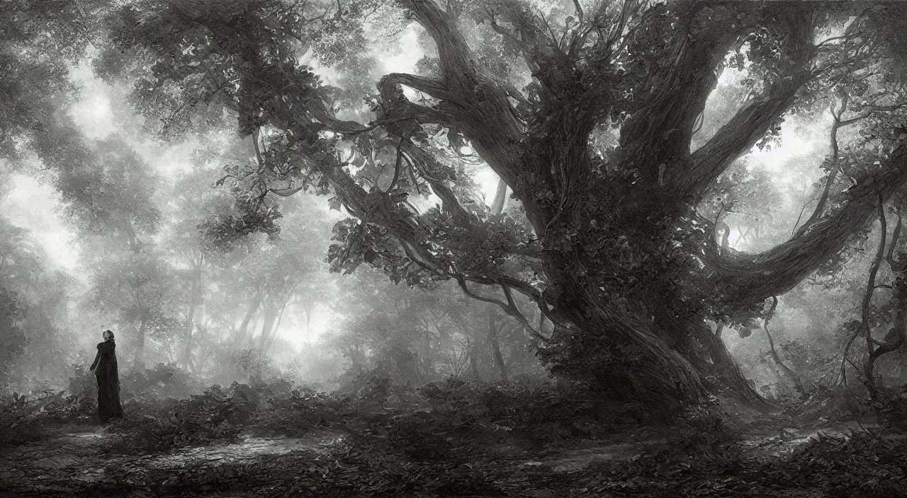 Prompt: huge leaves. edward gorey, andreas achenbach, artgerm, mikko lagerstedt, zack snyder, tokujin yoshioka