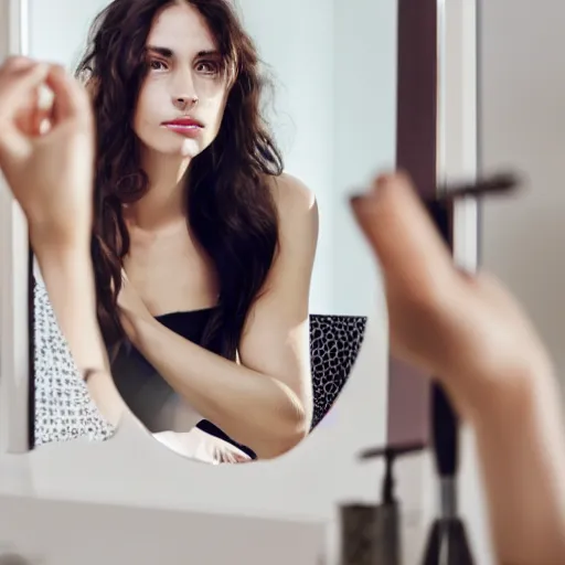 Image similar to a beautiful woman sitting at a vanity in front of a mirror, beautiful face, fashion photography, elegant furniture, cracked mirror